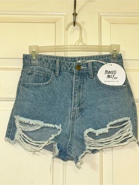 Princess Polly Light Blue High-Rise Distressed Denim Shorts